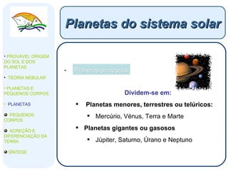 Planetas principais Dividem-se em: Planetas menores, terrestres ou telúricos: Mercúrio, Vénus, Terra e Marte Planetas gigantes ou gasosos Júpiter, Saturno, Úrano e Neptuno  Planetas do sistema solar PROVÁVEL ORIGEM DO SOL E DOS PLANETAS  TEORIA NEBULAR PLANETAS E PEQUENOS CORPOS PLANETAS PEQUENOS CORPOS ACREÇÃO E DIFERENCIAÇÃO DA TERRA SÍNTESE 