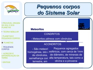 Meteoritos CLASSIFICAÇÃO SIDERITOS OU FÉRREOS SIDERÓLITOS OU PETROFÉRREOS AERÓLITOS OU PÉTREOS Pequenos corpos do Sistema Solar PROVÁVEL ORIGEM DO SOL E DOS PLANETAS  TEORIA NEBULAR PLANETAS E PEQUENOS CORPOS PLANETAS PEQUENOS CORPOS ACREÇÃO E DIFERENCIAÇÃO DA TERRA SÍNTESE Essencialmente formados por uma liga metálica de ferro e níquel  Apresentam inclusões de um mineral não muito frequente na Terra- a troilite São constituídos por proporções idênticas  de minerais silicatados, tal como feldspato, e de uma liga metálica de ferro e níquel  Possuem na sua composição uma elevada percentagem de minerais silicatados e uma reduzida percentagem da liga ferro e níquel Dividem-se em Condritos e Acondritos CONDRITOS - Meteoritos pétreos com côndrulos  ACONDRITOS - São meteoritos pétreos de textura homogénea, isto é, sem o desenvolvimento de côndrulos, apresentando grande semelhança com as rochas da superfície terrestre, em composição e textura Pequenos agregados esféricos, com cerca de 1mm de diâmetro, de minerais de alta temperatura, tais como a olivina e a piroxena 