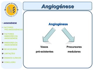 Angiogénese Angiogénese Precursores medulares Vasos  pré-existentes ANGIOGÉNESE FACTORES  PRÓ-ANGIOGÉNICOS FACTORES  INIBIDORES DA  ANGIOGÉNESE  INIBIDORES DA  ANGIOGÉNESE BEVACIZUMAB LIMITAÇÕES ENSAIOS CLÍNICOS CONCLUSÃO 