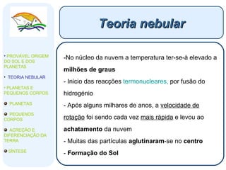 Teoria nebular No núcleo da nuvem a temperatura ter-se-à elevado a  milhões de graus Inicio das reacções  termonucleares,  por fusão do hidrogénio Após alguns milhares de anos, a  velocidade de rotação  foi sendo cada vez  mais rápida  e levou ao  achatamento  da nuvem Muitas das partículas  aglutinaram -se no  centro Formação do Sol PROVÁVEL ORIGEM DO SOL E DOS PLANETAS  TEORIA NEBULAR PLANETAS E PEQUENOS CORPOS PLANETAS PEQUENOS CORPOS ACREÇÃO E DIFERENCIAÇÃO DA TERRA SÍNTESE 