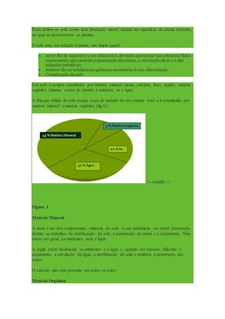 Pode definir-se solo como uma formação móvel situada na superfície da crosta terrestre,
na qual se desenvolvem as plantas.
O solo tem, em relação à planta, um duplo papel:
 serve-lhe de suporte(é o seu abstracto), devendo apresentar um estrutura física
conveniente, que permita a penetração das raízes, a circulação do ar e a das
soluções nutritivas;
 fornece-lhe as substâncias químicas necessárias à sua alimentação.
 Constituição do solo
Um solo é sempre constituído por matéria mineral (areia, calcário, limo, argila), matéria
orgânica (húmus, restos de plantas e animais), ar e água.
A fracção sólida do solo ocupa cerca de metade do seu volume total e é constituída por
matéria mineral e matéria orgânica (fig.1).
<!--[endif]-->
Figura 1
Matéria Mineral
A areia é um dos componentes minerais do solo. A sua existência, em maior proporção,
facilita os trabalhos de mobilização do solo, a penetração de raízes e o arejamento. Não
retém em geral, os nutrientes nem a água.
A argila retém facilmente os nutrientes e a água e , quando em excesso, dificulta o
arejamento, a circulação da água, a mobilização do solo e também a penetração das
raízes.
O calcário não está presente em todos os solos.
Matéria Orgânica
 