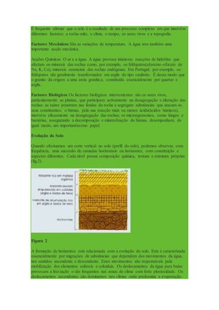 É frequente afirmar que o solo é o resultado de um processo complexo em que intervêm
diferentes factores: a rocha-mãe, o clima, o tempo, os seres vivos e a topografia.
Factores Mecânicos São as variações de temperatura. A água tem também uma
importante acção mecânica.
Acções Químicas O ar e a água. A água provoca inúmeras reacções de hidrólise que
afectam os minerais das rochas como, por exemplo, os feldspatos(alumino-sílicato de
Na, K, Ca), minerais essenciais das rochas endógenas. Em Portugal, por exemplo, os
feldspatos são geralmente transformados em argila do tipo caulinite. É desse modo que
o granito dá origem a uma areia granítica, constituída essencialmente por quartzo e
argila.
Factores Biológicos Os factores biológicos intervenientes são os seres vivos,
particularmente as plantas, que participam activamente na desagregação e alteração das
rochas: as raízes penetram nas fendas da rocha e segregam substâncias que atacam os
seus constituintes; o húmus, pela sua reacção mais ou menos ácida(ácidos húmicos),
intervém eficazmente na desagregação das rochas; os microrganismos, como fungos e
bactérias, assegurando a decomposição e mineralização do húmus, desempenham, de
igual modo, um importantíssimo papel.
Evolução do Solo
Quando efectuamos um corte vertical no solo (perfil do solo), podemos observar, com
frequência, uma sucessão de camadas horizontais ou horizontes, com constituição e
aspectos diferentes. Cada nível possui composição química, textura e estrutura próprias
(fig.2).
Figura 2
A formação de horizontes está relacionada com a evolução do solo. Esta é caracterizada
essencialmente por migrações de substâncias que dependem dos movimentos da água,
nos sentidos ascendente e descendente. Estes movimentos são responsáveis pela
mobilização dos elementos solúveis e coloidais. Os deslocamentos da água para baixo
provocam a lixiviação e são frequentes nas zonas de clima com forte pluviosidade. Os
deslocamentos ascendentes são dominantes nos climas onde predomina a evaporação.
 