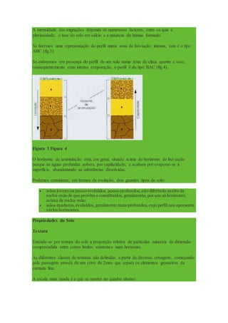 A intensidade das migrações depende de numerosos factores, entre os quis a
pluviosidade, o teor do solo em cálcio e a natureza do húmus formado.
Se fizermos uma representação do perfil numa zona de lixiviação intensa, este é o tipo
ABC (fig.3).
Se estivermos em presença do perfil de um solo numa zona de clima quente e seco,
consequentemente com intensa evaporação, o perfil é do tipo BAC (fig.4).
Figura 3 Figura 4
O horizonte de acumulação está, em geral, situado acima do horizonte de lixiviação
porque as águas profundas sobem, por capilaridade, e acabam por evaporar-se á
superfície, abandonando as substâncias dissolvidas.
Podemos considerar, em termos de evolução, dois grandes tipos de solo:
 solos jovens ou pouco evoluídos, pouco profundos, não diferindo muito da
rocha-mãe de que provêm e constituídos, geralmente, por um só horizonte,
acima da rocha-mãe;
 solos maduros, evoluídos, geralmente mais profundos, cujo perfil nos apresenta
vários horizontes.
Propriedades do Solo
Textura
Entende-se por textura do solo a proporção relativa de partículas minerais de dimensão
compreendida entre certos limites existentes num horizonte.
As diferentes classes de texturas são definidas a partir de diversas crivagens, começando
pela passagem através de um crivo de 2mm, que separa os elementos grosseiros da
camada fina.
A escala mais usada é a que se mostra no quadro abaixo:
 