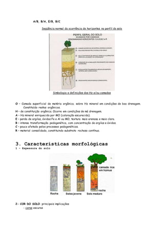 A/B, B/A, E/B, B/C
Seqüência normal da ocorrência de horizontes no perfil do solo
Simbologia e definições dos Hz e/ou camadas
O – Camada superficial de matéria orgânica. sobre Hz mineral em condições de boa drenagem.
Constituído restos orgânicos.
H – de constituição orgânica. Ocorre em condições de má drenagem.
A – Hz mineral enriquecido por MO (coloração escurecida).
E – perda de argilas, óxidos Fe e Al ou MO, textura mais arenosa e mais claro.
B – intensa transformação pedogenética, com concentração de argilas e óxidos.
C – pouco afetado pelos processos pedogenéticos.
R – material consolidado, constituindo substrato rochoso contínuo.
3. Características morfológicas
1 - Espessura do solo
2- COR DO SOLO: principais implicações
- cores escuras
 