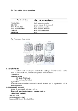 Ex: fraca, média, blocos subangulares
Tipo de estrutura
Ex. de ocorrência
PRISMÁTICA Hz B solos mal drenados
COLUNAR Hz B solos com excesso de Na trocável
BLOCOS ANGULARES Hz B solos mal drenados
BLOCOS SUBANGULARES Hz B solos bem drenados
LAMINAR Hz E ou Hz compactados
GRANULAR Hz A
Fig. Tipos de estrutura do solo
5- CONSISTÊNCIA
É o termo usado para designar manifestações das forças físicas de coesão e adesão
entre as partículas do solo, conforme variações dos graus de umidade.
Determinação
Solo seco dureza
Solo úmido friabilidade
Solo molhado plasticidade
pegajosidade
4 Influenciam na consistência do solo Õ Umidade, textura, tipo de argilominerais, CTC e
Matéria Orgânica.
6- POROSIDADE DO SOLO
Volume do solo ocupado pela água e pelo ar.
Quanto à quantidade:poucos, comuns, muitos
Quanto ao tamanho:
- Sem poro visível
- Muito pequenos (0,5mm)
- Pequenos (0,5–1,0mm) - Grandes (3-5mm)
 