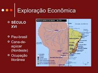 Exploração Econômica
 SÉCULO
XVI
 Pau-brasil
 Cana-de-
açúcar
(Nordeste)
 Ocupação
litorânea
 