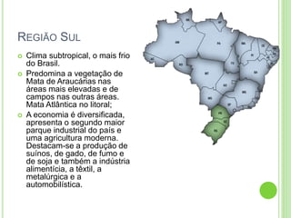 REGIÃO SUL
 Clima subtropical, o mais frio
do Brasil.
 Predomina a vegetação de
Mata de Araucárias nas
áreas mais elevadas e de
campos nas outras áreas.
Mata Atlântica no litoral;
 A economia é diversificada,
apresenta o segundo maior
parque industrial do país e
uma agricultura moderna.
Destacam-se a produção de
suínos, de gado, de fumo e
de soja e também a indústria
alimentícia, a têxtil, a
metalúrgica e a
automobilística.
 