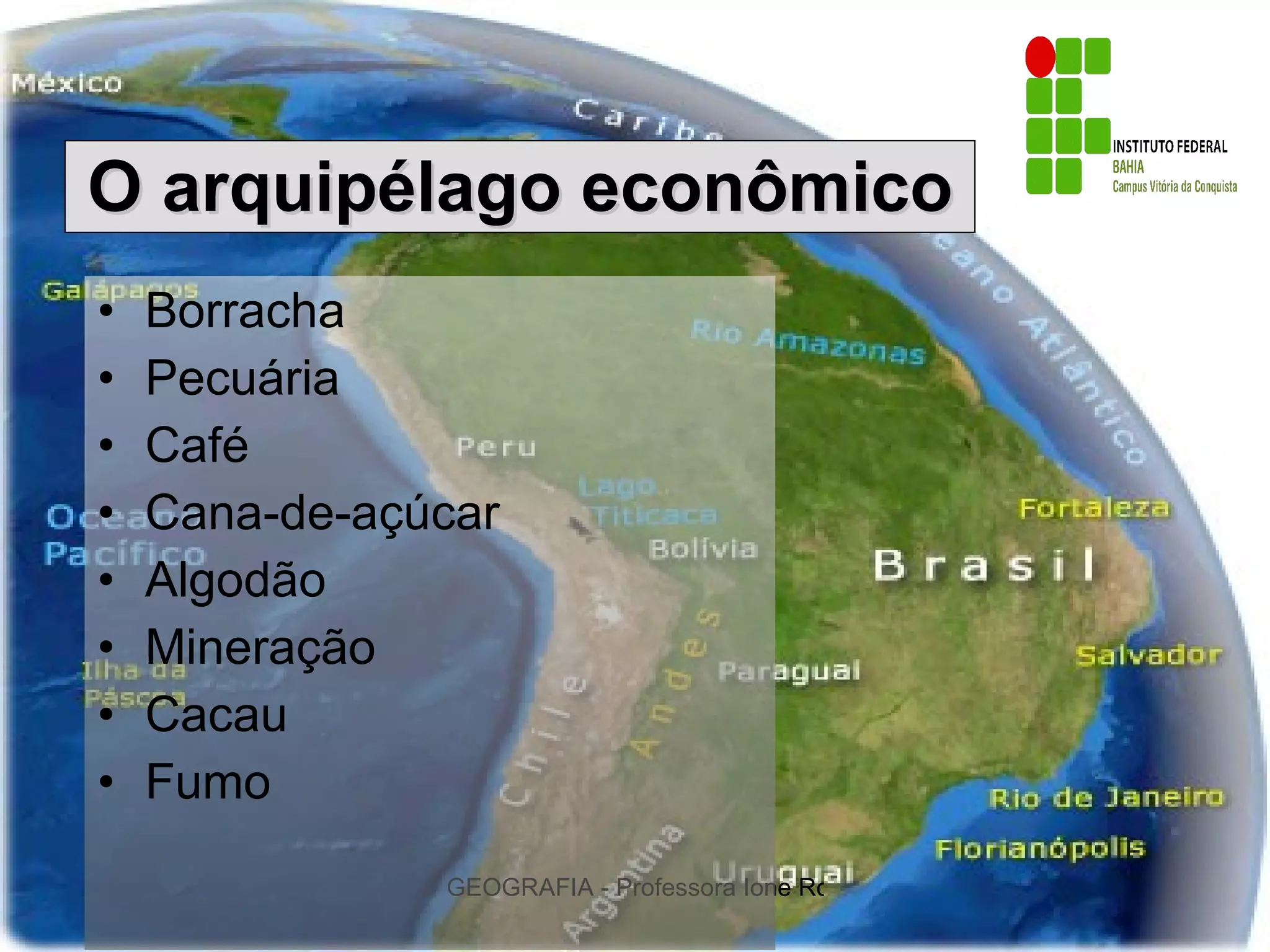 O arquipélago econômico Borracha Pecuária Café Cana-de-açúcar Algodão Mineração Cacau Fumo