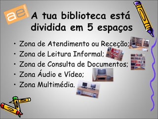 A tua biblioteca está 
dividida em 5 espaços 
• Zona de Atendimento ou Receção; 
• Zona de Leitura Informal; 
• Zona de Consulta de Documentos; 
• Zona Áudio e Vídeo; 
• Zona Multimédia. 
 