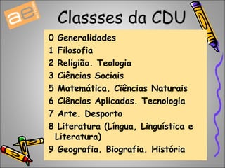 Classses da CDU 
0 Generalidades 
1 Filosofia 
2 Religião. Teologia 
3 Ciências Sociais 
5 Matemática. Ciências Naturais 
6 Ciências Aplicadas. Tecnologia 
7 Arte. Desporto 
8 Literatura (Língua, Linguística e 
Literatura) 
9 Geografia. Biografia. História 
 