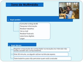Zona de Multimédia
. Aqui podes:
Consultar o blog da BE
Pesquisar informação
Realizar trabalhos
Ver e-mail
Realizar Podcasts
Leres livros digitais
Jogar
. Aqui deves:
Registar a requisição do computador na receção (no intervalo não
podes aceder aos computadores)
Estar 30 minutos, se alguém estiver na lista de espera
Falar baixinho para não perturbar quem está a estudar
 
