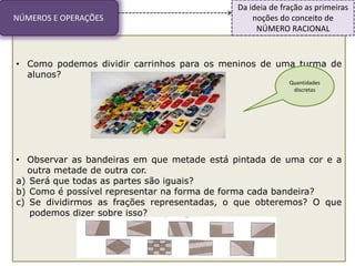 • Como podemos dividir carrinhos para os meninos de uma turma de
alunos?
• Observar as bandeiras em que metade está pintada de uma cor e a
outra metade de outra cor.
a) Será que todas as partes são iguais?
b) Como é possível representar na forma de forma cada bandeira?
c) Se dividirmos as frações representadas, o que obteremos? O que
podemos dizer sobre isso?
Quantidades
discretas
NÚMEROS E OPERAÇÕES
Da ideia de fração as primeiras
noções do conceito de
NÚMERO RACIONAL
 