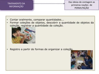 TRATAMENTO DA
INFORMAÇÃO
Das ideias de contagem as
primeiras noções de
PERMUTAÇÃO
• Contar oralmente, comparar quantidades...
• Formar coleções de objetos, descobrir a quantidade de objetos da
coleção, registrar a quantidade da coleção.
• Registro a partir de formas de organizar a coleção.
 