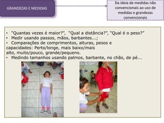 GRANDEZAS E MEDIDAS
Da ideia de medidas não
convencionais ao uso de
medidas e grandezas
convencionais
• “Quantas vezes é maior?”, “Qual a distância?”, “Qual é o peso?”
• Medir usando passos, mãos, barbantes...;
• Comparações de comprimentos, alturas, pesos e
capacidades: Perto/longe, mais baixo/mais
alto, muito/pouco, grande/pequeno.
• Medindo tamanhos usando palmos, barbante, no chão, de pé...
 