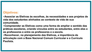 Objetivos:
▪Associar as Eletivas às escolhas, às necessidades e aos projetos de
vida dos estudantes alinhados ao contexto de vida de sua
comunidade.
▪Compreender as Eletivas como uma forma de ampliar o sentido das
práticas escolares, criando vínculos entre os estudantes, entre eles e
os professores e entre os professores e a escola.
▪Reconhecer, no planejamento das Eletivas, a importância da
articulação com a Base Nacional Comum Curricular e o Currículo
Paulista.
 