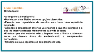 Livre Escolha-
O Estudante:
▪A frequência é obrigatória;
▪Decide por uma Eletiva entre as opções oferecidas;
▪Exercita sua capacidade de escolha com base num repertório
ampliado;
▪Aprende a estabelecer critérios valorizando o que lhe interessa e o
que lhe importa naquele momento de sua vida escolar;
▪Entende que sua escolha não o impede nem o limita a aprender
sobre as demais áreas do conhecimento e componentes
curriculares;
▪Conecta as suas escolhas ao seu projeto de vida.
 