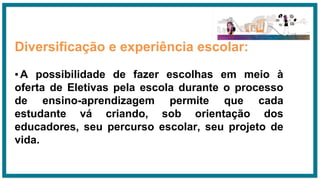 Diversificação e experiência escolar:
▪A possibilidade de fazer escolhas em meio à
oferta de Eletivas pela escola durante o processo
de ensino-aprendizagem permite que cada
estudante vá criando, sob orientação dos
educadores, seu percurso escolar, seu projeto de
vida.
 