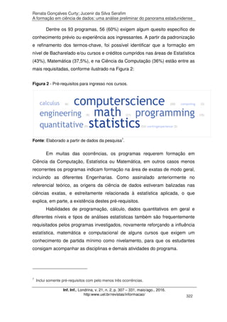 Renata Gonçalves Curty; Jucenir da Silva Serafim
A formação em ciência de dados: uma análise preliminar do panorama estadunidense
Inf. Inf., Londrina, v. 21, n. 2, p. 307 – 331, maio/ago., 2016.
http:www.uel.br/revistas/informacao/ 322
Dentre os 93 programas, 56 (60%) exigem algum quesito específico de
conhecimento prévio ou experiência aos ingressantes. A partir da padronização
e refinamento dos termos-chave, foi possível identificar que a formação em
nível de Bacharelado e/ou cursos e créditos cumpridos nas áreas de Estatística
(43%), Matemática (37,5%), e na Ciência da Computação (36%) estão entre as
mais requisitadas, conforme ilustrado na Figura 2:
Figura 2 - Pré-requisitos para ingresso nos cursos.
Fonte: Elaborado a partir de dados da pesquisa7
.
Em muitas das ocorrências, os programas requerem formação em
Ciência da Computação, Estatística ou Matemática, em outros casos menos
recorrentes os programas indicam formação na área de exatas de modo geral,
incluindo as diferentes Engenharias. Como assinalado anteriormente no
referencial teórico, as origens da ciência de dados estiveram balizadas nas
ciências exatas, e estreitamente relacionada à estatística aplicada, o que
explica, em parte, a existência destes pré-requisitos.
Habilidades de programação, cálculo, dados quantitativos em geral e
diferentes níveis e tipos de análises estatísticas também são frequentemente
requisitados pelos programas investigados, novamente reforçando a influência
estatística, matemática e computacional de alguns cursos que exigem um
conhecimento de partida mínimo como nivelamento, para que os estudantes
consigam acompanhar as disciplinas e demais atividades do programa.
7
Inclui somente pré-requisitos com pelo menos três ocorrências.
 