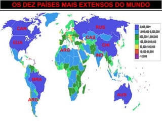 OS DEZ PAÍSES MAIS EXTENSOS DO MUNDO


 CAN                      RUS

                    CAS
EUA
                            CHI
              ARG
                          IND




        BRA


                                  AUS
       ARG
 