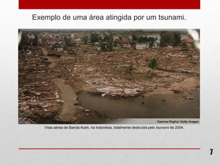 Exemplo de uma área atingida por um tsunami.




   Vista aérea de Banda Aceh, na Indonésia, totalmente destruída pelo tsunami de 2004.




                                                                                         7
 