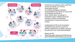 É essencial ao professor traçar o perfil das
turmas que atende, por meio de
observações atentas
às variadas estratégias propostas,
compreendendo que não há um único meio
de motivação que atende a
todos. Sendo assim, ao planejar, é
necessário propor múltiplas formas de
envolver e motivar os estudantes,
diversificando os meios para alcançar
a todos.
A elaboração do PEI se faz de extrema
importância para triarmos o ponto de
partida e planejarmos as ações e avanços
de cada aluno com suas particularidades.
Modelo de PEI
https://educapes.capes.gov.br/bitstream/ca
pes/570204/2/Produto%20Educacional.pdf
 