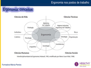 Formadora Márcia Pereira
Ergonomia nos postos de trabalhoErgonomia nos postos de trabalho
 