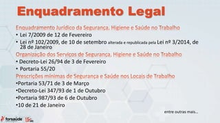 Enquadramento Legal
• Lei 7/2009 de 12 de Fevereiro
• Lei nº 102/2009, de 10 de setembro alterada e republicada pela Lei nº 3/2014, de
28 de Janeiro
• Decreto-Lei 26/94 de 3 de Fevereiro
• Portaria 55/20
•Portaria 53/71 de 3 de Março
•Decreto-Lei 347/93 de 1 de Outubro
•Portaria 987/93 de 6 de Outubro
•10 de 21 de Janeiro
entre outras mais…
 