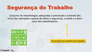 Segurança do Trabalho
Conjunto de metodologias adequadas à prevenção e controlo dos
riscos das operações capazes de afetar a segurança, a saúde e o bem-
estar dos trabalhadores.
Prevenção de acidentes de trabalho
 