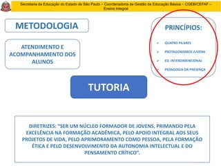 Secretaria da Educação do Estado de São Paulo – Coordenadoria de Gestão da Educação Básica – CGEB/CEFAF –
Ensino Integral
TUTORIA
METODOLOGIA
ATENDIMENTO E
ACOMPANHAMENTO DOS
ALUNOS
PRINCÍPIOS:
 QUATRO PILARES
 PROTAGONISMOS JUVENIL
 ED. INTERDIMENCIONAL
 PEDAGOGIA DA PRESENÇA
DIRETRIZES: “SER UM NÚCLEO FORMADOR DE JOVENS, PRIMANDO PELA
EXCELÊNCIA NA FORMAÇÃO ACADÊMICA, PELO APOIO INTEGRAL AOS SEUS
PROJETOS DE VIDA, PELO APRIMORAMENTO COMO PESSOA, PELA FORMAÇÃO
ÉTICA E PELO DESENVOLVIMENTO DA AUTONOMIA INTELECTUAL E DO
PENSAMENTO CRÍTICO”.
 