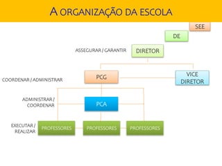 SEE
DE
DIRETOR
PCG VICE
DIRETOR
PCA
PROFESSORES
ASSEGURAR / GARANTIR
COORDENAR / ADMINISTRAR
ADMINISTRAR /
COORDENAR
EXECUTAR /
REALIZAR
PROFESSORES PROFESSORES
A ORGANIZAÇÃO DA ESCOLA
 