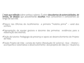 É mais que reflexão sobre sonhos e planos. É sobre descobertas de potencialidades, de
limites, de desejos que possibilitarão escolhas mais conscientes e consistentes ao
longo da sua vida.
Nasce nas Oficinas do Acolhimento a primeira “matéria prima” – varal dos
sonhos;
Apropriação da equipe gestora e docente das primeiras evidências para a
elaboração das eletivas;
Ação da tutoria: Pedagogia da presença e apoio ao desenvolvimento do Projeto
de Vida;
Aulas Projeto de Vida - consta da matriz (Resolução SE 52/2014) - Vice – Diretor :
acompanha e sistematiza o desenvolvimento dos projetos de vida (LC 1164/2012).
 