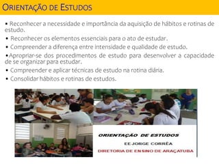 • Reconhecer a necessidade e importância da aquisição de hábitos e rotinas de
estudo.
• Reconhecer os elementos essenciais para o ato de estudar.
• Compreender a diferença entre intensidade e qualidade de estudo.
•Apropriar-se dos procedimentos de estudo para desenvolver a capacidade
de se organizar para estudar.
• Compreender e aplicar técnicas de estudo na rotina diária.
• Consolidar hábitos e rotinas de estudos.
ORIENTAÇÃO DE ESTUDOS
 
