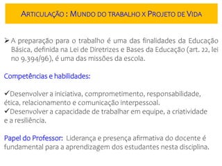 A preparação para o trabalho é uma das finalidades da Educação
Básica, definida na Lei de Diretrizes e Bases da Educação (art. 22, lei
no 9.394/96), é uma das missões da escola.
Competências e habilidades:
Desenvolver a iniciativa, comprometimento, responsabilidade,
ética, relacionamento e comunicação interpessoal.
Desenvolver a capacidade de trabalhar em equipe, a criatividade
e a resiliência.
Papel do Professor: Liderança e presença afirmativa do docente é
fundamental para a aprendizagem dos estudantes nesta disciplina.
ARTICULAÇÃO : MUNDO DO TRABALHO X PROJETO DE VIDA
 