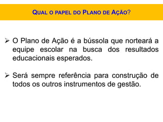 O Plano de Ação é a bússola que norteará a
equipe escolar na busca dos resultados
educacionais esperados.
 Será sempre referência para construção de
todos os outros instrumentos de gestão.
QUAL O PAPEL DO PLANO DE AÇÃO?
 