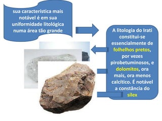 sua característica mais
notável é em sua
uniformidade litológica
numa área tão grande A litologia do Irati
constitui-se
essencialmente de
folhelhos pretos,
por vezes
pirobetuminosos, e
dolomitos, ora
mais, ora menos
calcítico. É notável
a constância do
sílex
 