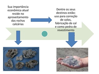 Sua importância
econômica atual
reside no
aproveitamento
das rochas
calcárias
Dentre os seus
destinos estão:
uso para correção
de solos,
fabricação de cal
e como pedra de
revestimento
 