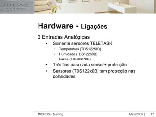 Maio 2009 |MICROS+ Training17Hardware - Ligações2 Entradas AnalógicasSomente sensores TELETASKTemperatura (TDS12250B)Humidade (TDS12260B)Luzes (TDS12270B)Três fios para cada sensor+ protecçãoSensores (TDS122x0B) tem protecção nas polaridades 