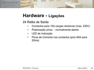 Maio 2009 |MICROS+ Training39Hardware -Ligações24 Relés de SaídaContactos para 10A cargas resistivas (max. 230V) Polarização única  - normalmente abertoLED de Indicação Picos de Corrente nos contactos (pico 80A para 20ms)
