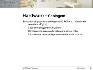 Maio 2009 |MICROS+ Training51Hardware -CablagemEntrada Analógicas (Sensores) (na MICROS+ ou módulos de entrada analógico)Cabo com secção min: 0.25mm2