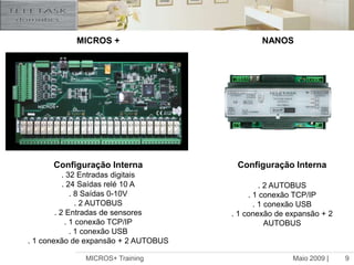 Maio 2009 |MICROS+ Training9MICROS +NANOSConfiguração Interna. 32 Entradas digitais. 24 Saídas relé 10 A. 8 Saídas 0-10V. 2 AUTOBUS. 2 Entradas de sensores. 1 conexão TCP/IP. 1 conexão USB. 1 conexão de expansão + 2 AUTOBUSConfiguração Interna. 2 AUTOBUS. 1 conexão TCP/IP. 1 conexão USB. 1 conexão de expansão + 2 AUTOBUS