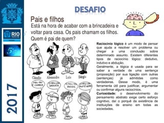 Raciocínio lógico é um modo de pensar
que ajuda a resolver um problema ou
chegar a uma conclusão sobre
determinado assunto. Existem diferentes
tipos de raciocínio lógico: dedutivo,
indutivo e abdução.
Geralmente, a lógica é usada para se
saber a verdade de uma sentença
(proposição) por sua ligação com outras
(sentenças) já admitidas como
verdadeiras. Desse modo, é uma
ferramenta útil para justificar, argumentar
ou confirmar alguns raciocínios.
Curiosidade: o desenvolvimento do
pensamento abstrato exige certo esforço
cognitivo, daí o porquê da existência de
instituições de ensino em todas as
sociedades.
 