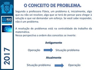 Segundo a professora Flávia, um problema é, inicialmente, algo
que eu não sei resolver, algo que se terá de pensar para chegar à
solução e que vai demandar um esforço. Se você sabe responder,
não é um problema.
A resolução de problemas está na centralidade do trabalho da
matemática.
Nessa perspectiva a ordem dos conceitos se inverte:
Antigamente
Operação Situação problema
Atualmente
Situação problema Operação
 