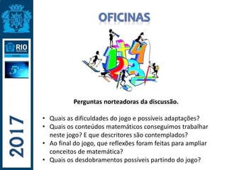 Perguntas norteadoras da discussão.
• Quais as dificuldades do jogo e possíveis adaptações?
• Quais os conteúdos matemáticos conseguimos trabalhar
neste jogo? E que descritores são contemplados?
• Ao final do jogo, que reflexões foram feitas para ampliar
conceitos de matemática?
• Quais os desdobramentos possíveis partindo do jogo?
 