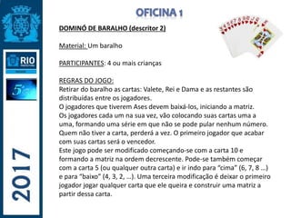 DOMINÓ DE BARALHO (descritor 2)
Material: Um baralho
PARTICIPANTES: 4 ou mais crianças
REGRAS DO JOGO:
Retirar do baralho as cartas: Valete, Rei e Dama e as restantes são
distribuídas entre os jogadores.
O jogadores que tiverem Ases devem baixá-los, iniciando a matriz.
Os jogadores cada um na sua vez, vão colocando suas cartas uma a
uma, formando uma série em que não se pode pular nenhum número.
Quem não tiver a carta, perderá a vez. O primeiro jogador que acabar
com suas cartas será o vencedor.
Este jogo pode ser modificado começando-se com a carta 10 e
formando a matriz na ordem decrescente. Pode-se também começar
com a carta 5 (ou qualquer outra carta) e ir indo para “cima” (6, 7, 8 …)
e para “baixo” (4, 3, 2, …). Uma terceira modificação é deixar o primeiro
jogador jogar qualquer carta que ele queira e construir uma matriz a
partir dessa carta.
 