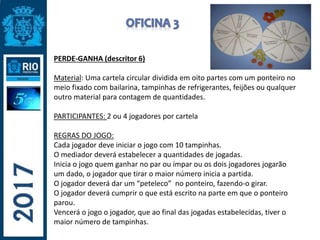 PERDE-GANHA (descritor 6)
Material: Uma cartela circular dividida em oito partes com um ponteiro no
meio fixado com bailarina, tampinhas de refrigerantes, feijões ou qualquer
outro material para contagem de quantidades.
PARTICIPANTES: 2 ou 4 jogadores por cartela
REGRAS DO JOGO:
Cada jogador deve iniciar o jogo com 10 tampinhas.
O mediador deverá estabelecer a quantidades de jogadas.
Inicia o jogo quem ganhar no par ou ímpar ou os dois jogadores jogarão
um dado, o jogador que tirar o maior número inicia a partida.
O jogador deverá dar um “peteleco” no ponteiro, fazendo-o girar.
O jogador deverá cumprir o que está escrito na parte em que o ponteiro
parou.
Vencerá o jogo o jogador, que ao final das jogadas estabelecidas, tiver o
maior número de tampinhas.
 