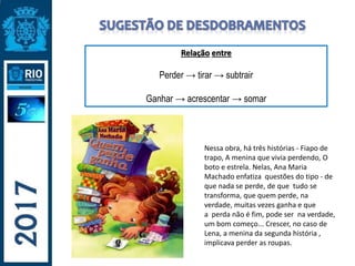 Nessa obra, há três histórias - Fiapo de
trapo, A menina que vivia perdendo, O
boto e estrela. Nelas, Ana Maria
Machado enfatiza questões do tipo - de
que nada se perde, de que tudo se
transforma, que quem perde, na
verdade, muitas vezes ganha e que
a perda não é fim, pode ser na verdade,
um bom começo... Crescer, no caso de
Lena, a menina da segunda história ,
implicava perder as roupas.
Relação entre
Perder → tirar → subtrair
Ganhar → acrescentar → somar
 