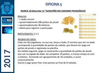 NUNCA 10 (descritor 1) *SUGESTÃO DO CADERNO PEDAGÓGICO
Material:
– 1 dado comum
– aproximadamente 200 palitos de picolé
– aproximadamente 30 elásticos
– tabela para registrar a pontuação
PARTICIPANTES: 3 a 5
REGRAS DO JOGO:
Cada um dos jogadores, na sua vez, lança o dado. O número que sair no dado
corresponde à quantidade de pontos da rodada, que deverá ser pega em
palitos de picolé e registrada na planilha.
Na rodada seguinte, pega-se novamente a quantidade de palitos de picolé
que sair na jogada do dado. Ao completar 10 palitos, a criança enlaça-os com
o elástico, formando um agrupamento de 10 unidades, e assim
sucessivamente.
Ganha o jogo quem fizer mais pontos ao final de 8 rodadas.
 
