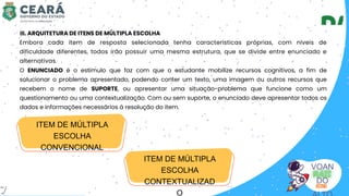 VOAN
DO
III. ARQUITETURA DE ITENS DE MÚLTIPLA ESCOLHA
Embora cada item de resposta selecionada tenha características próprias, com níveis de
dificuldade diferentes, todos irão possuir uma mesma estrutura, que se divide entre enunciado e
alternativas.
O ENUNCIADO é o estímulo que faz com que o estudante mobilize recursos cognitivos, a fim de
solucionar o problema apresentado, podendo conter um texto, uma imagem ou outros recursos que
recebem o nome de SUPORTE, ou apresentar uma situação-problema que funcione como um
questionamento ou uma contextualização. Com ou sem suporte, o enunciado deve apresentar todos os
dados e informações necessários à resolução do item.
ITEM DE MÚLTIPLA
ESCOLHA
CONVENCIONAL
ITEM DE MÚLTIPLA
ESCOLHA
CONTEXTUALIZAD
O
7
 