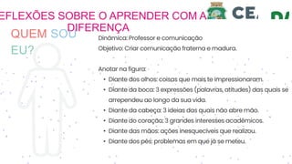 EFLEXÕES SOBRE O APRENDER COM A
DIFERENÇA
QUEM SOU
EU?
Dinâmica: Professor e comunicação
Objetivo: Criar comunicação fraterna e madura.
Anotar na figura:
• Diante dos olhos: coisas que mais te impressionaram.
• Diante da boca: 3 expressões (palavras, atitudes) das quais se
arrependeu ao longo da sua vida.
• Diante da cabeça: 3 ideias das quais não abre mão.
• Diante do coração: 3 grandes interesses acadêmicos.
• Diante das mãos: ações inesquecíveis que realizou.
• Diante dos pés: problemas em que já se meteu.
 