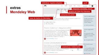 extras
Mendeley Web
base de dados do Mendeley
grupos por área de interesse
pesquisa de pares
Helpdesk mendeley: forum
biblioteca: registos alojados perfil
estatísticas | bibliometria
 